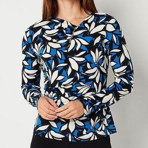 Liz Claiborne Womens Asymmetrical Neck Long Sleeve Floral Blouse Top Shirt Sz M